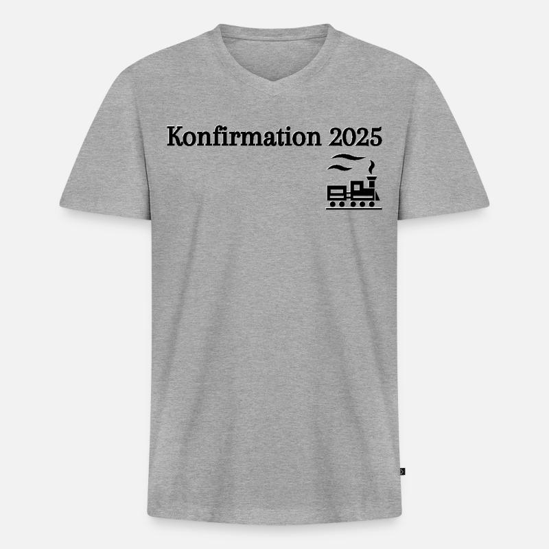 Konfirmation 2025 losfahrender Zug Reise - Männer Premium Bio T-Shirt mit V-Ausschnitt - Grau meliert