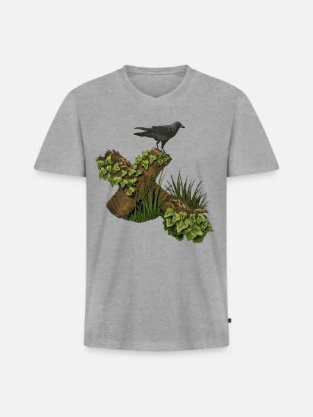 Krähe auf Holzkreuz, efeu - Männer Premium Bio T-Shirt mit V-Ausschnitt - Grau meliert