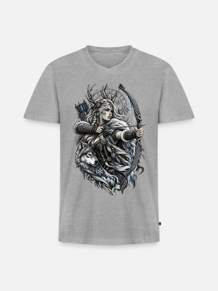 Wikinger Bogenschützin mit Wolf – Noventra - Männer Premium Bio T-Shirt mit V-Ausschnitt - Grau meliert