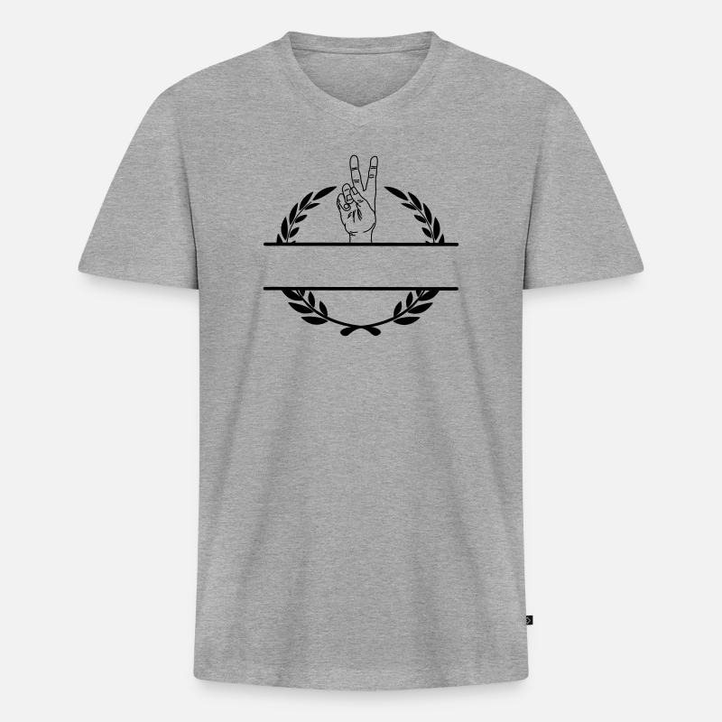 Friedenszeichenhand im Lorbeerkranzmonogramm - Männer Premium Bio T-Shirt mit V-Ausschnitt - Grau meliert