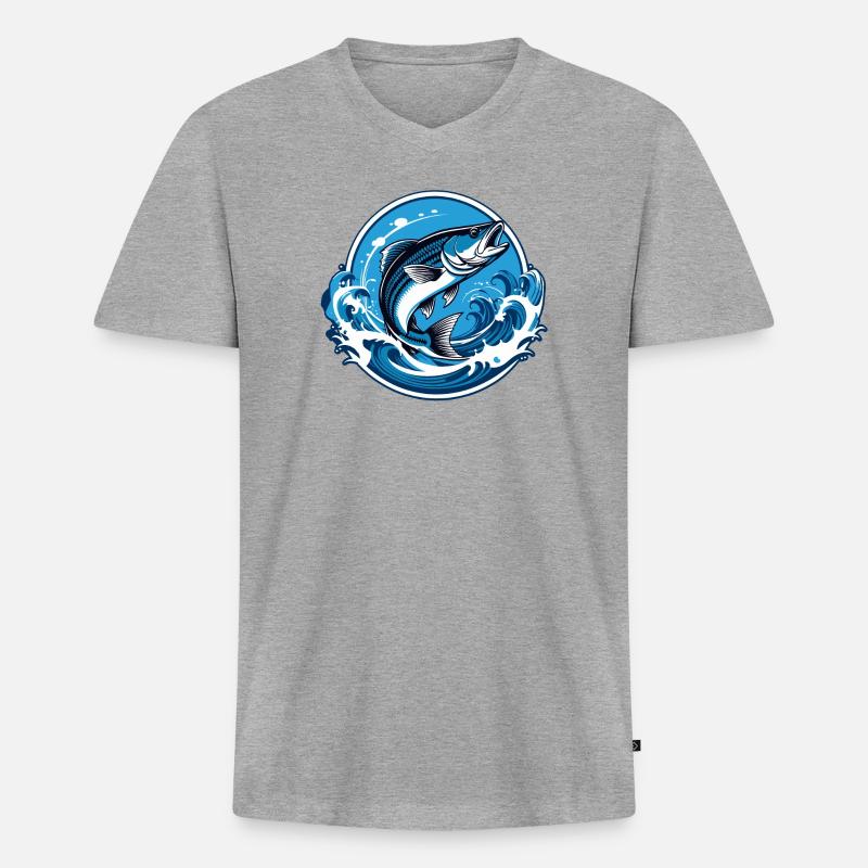 Fisch im Wasser mit Wellenumrandung - Männer Premium Bio T-Shirt mit V-Ausschnitt - Grau meliert