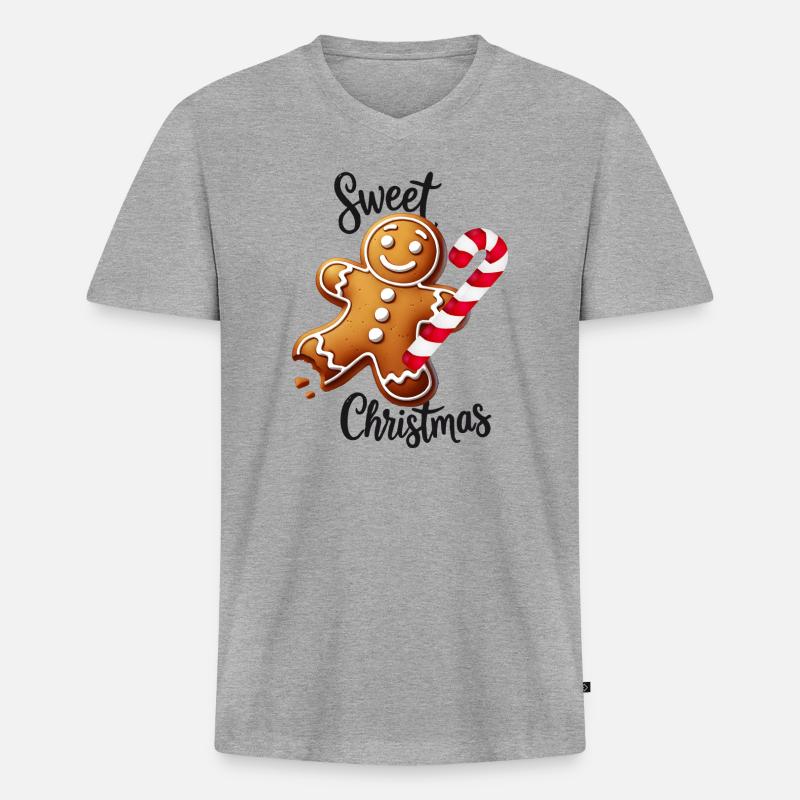 Fröhlicher Lebkuchenmann mit Zuckerstange - Männer Premium Bio T-Shirt mit V-Ausschnitt - Grau meliert