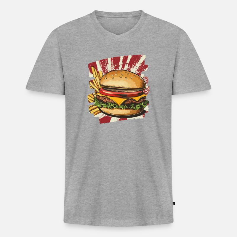 Burger und Fritten Retro - Männer Premium Bio T-Shirt mit V-Ausschnitt - Grau meliert