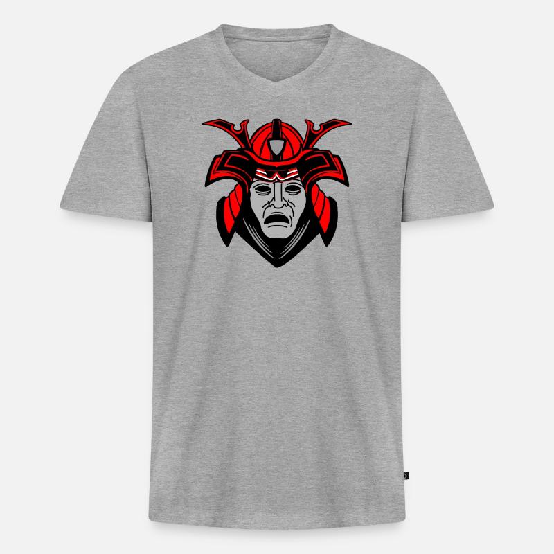 Düsteres Samurai-Gesicht mit Helm - Männer Premium Bio T-Shirt mit V-Ausschnitt - Grau meliert