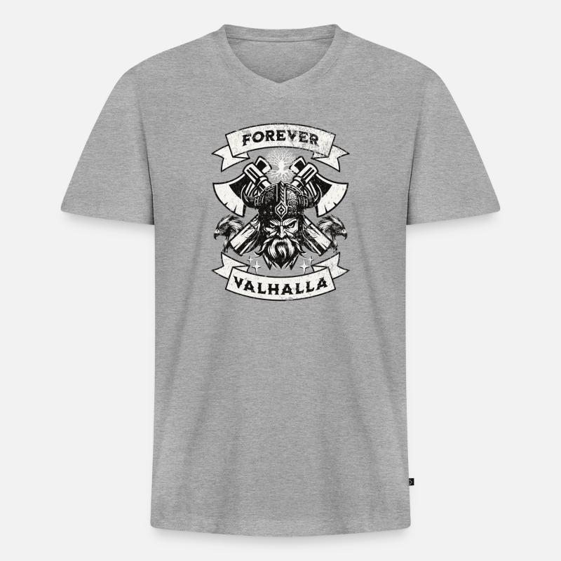 Forever Valhalla Wikinger Design - Männer Premium Bio T-Shirt mit V-Ausschnitt - Grau meliert
