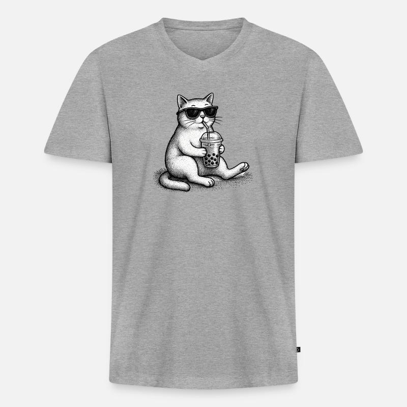 Bubble Tea Katze - Männer Premium Bio T-Shirt mit V-Ausschnitt - Grau meliert