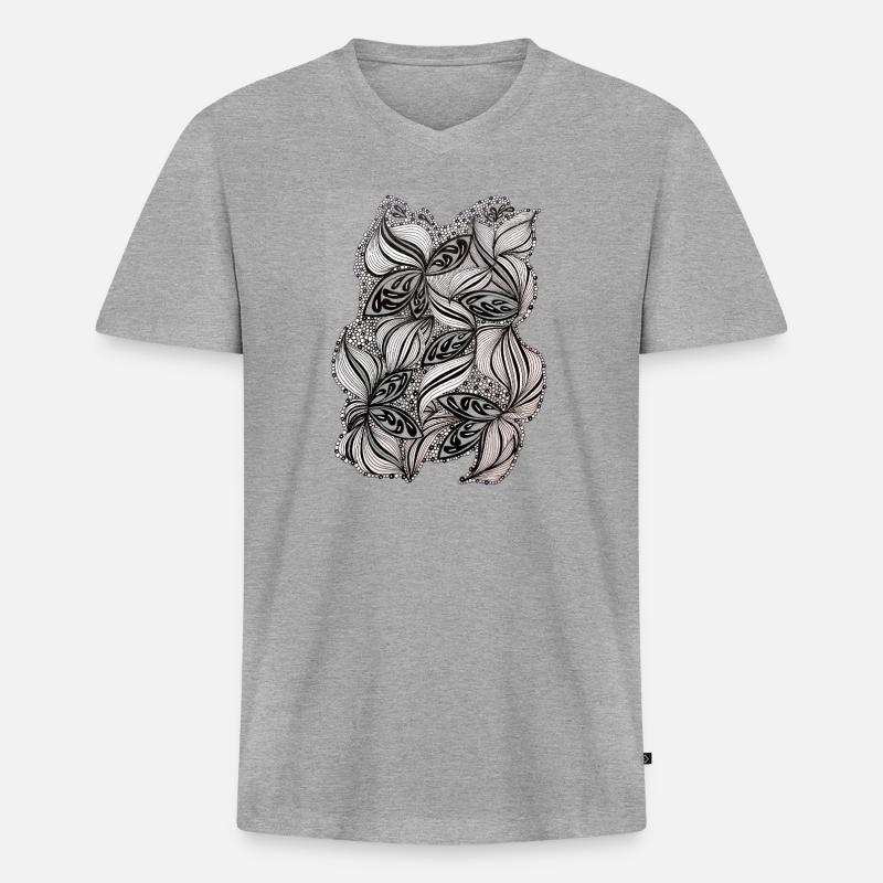 Schwarz-Weiß Blattmuster - Männer Premium Bio T-Shirt mit V-Ausschnitt - Grau meliert