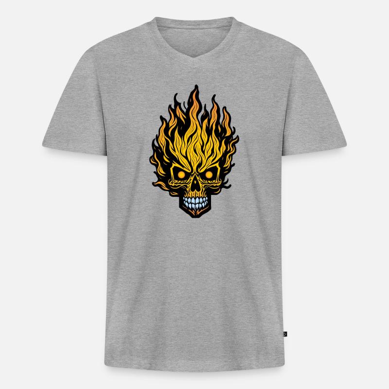 Flammender Schädel - Männer Premium Bio T-Shirt mit V-Ausschnitt - Grau meliert