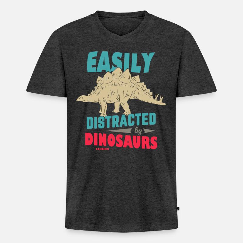 Easily Distracted By Dinosaurs - Männer Premium Bio T-Shirt mit V-Ausschnitt - Anthrazit meliert