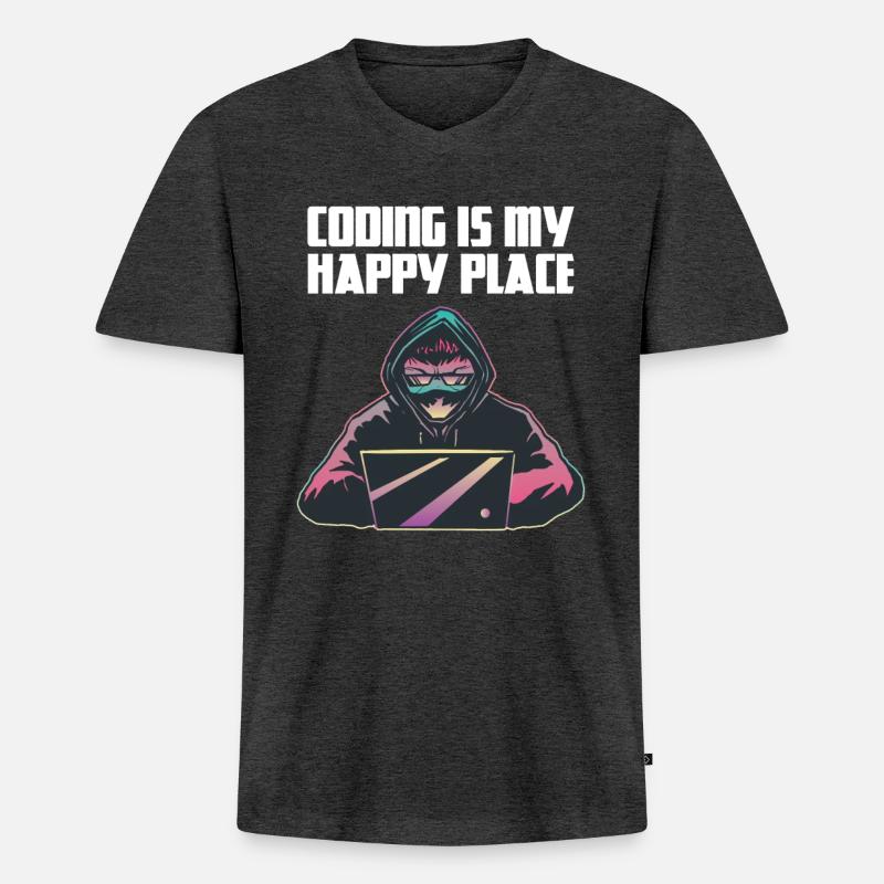 Coding is my happy place - Männer Premium Bio T-Shirt mit V-Ausschnitt - Anthrazit meliert