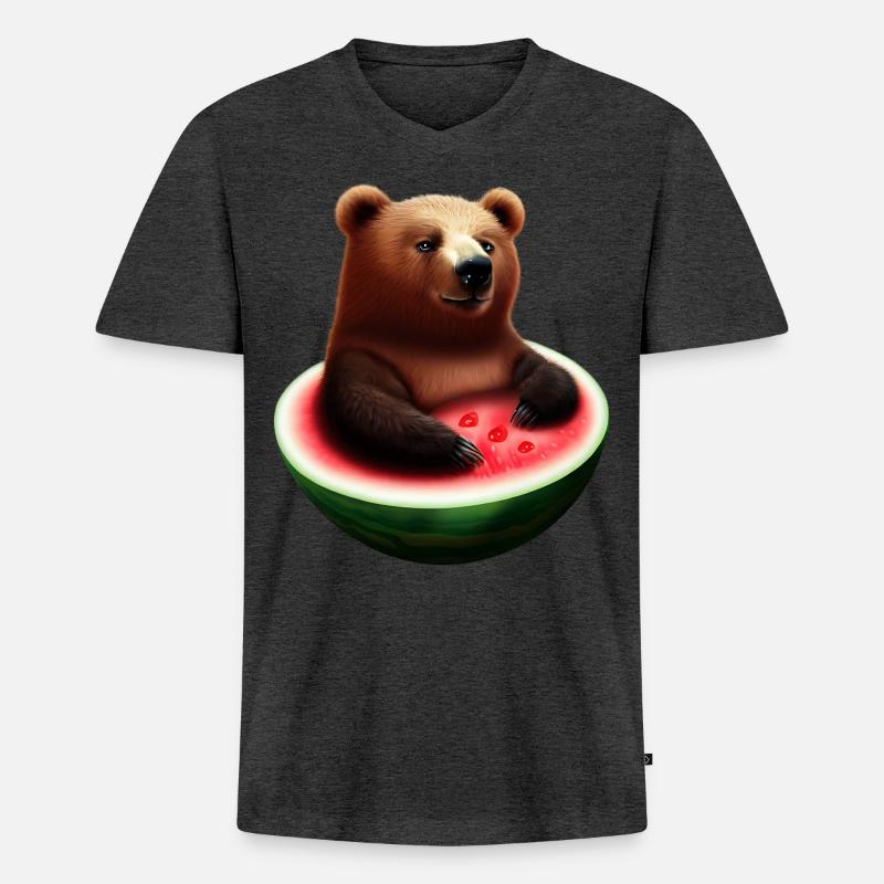 Bär in einer Wassermelone - Männer Premium Bio T-Shirt mit V-Ausschnitt - Anthrazit meliert
