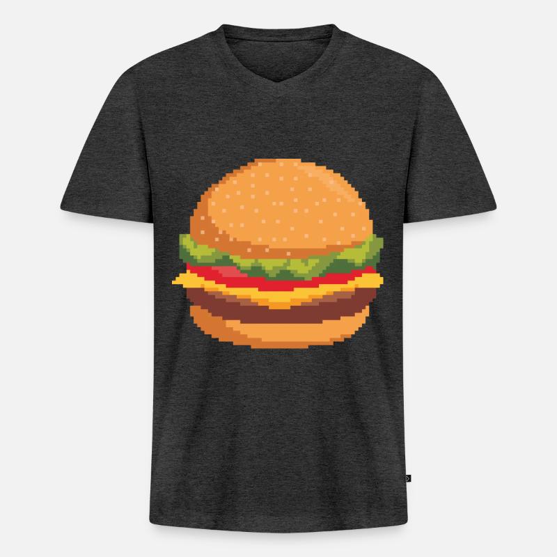 Retro Pixel Burger - Männer Premium Bio T-Shirt mit V-Ausschnitt - Anthrazit meliert