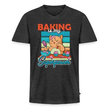 La cuisson du chat est ma cuisson de superpuissance - T-shirt encolure en V Premium bio Homme - anthracite chiné - Devant - Nico (187cm)