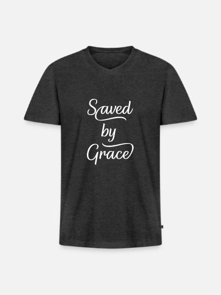 Christian Design Saved by Grace - Men's Premium Organic T-shirt with V-neck - heather anthracite