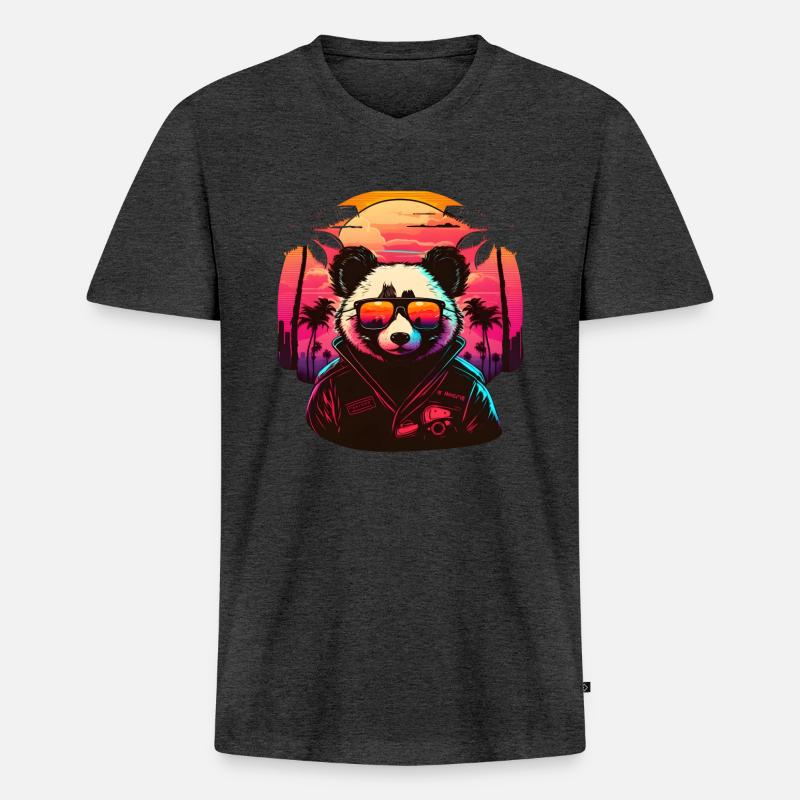 Synthwave Panda Sunset - Männer Premium Bio T-Shirt mit V-Ausschnitt - Anthrazit meliert