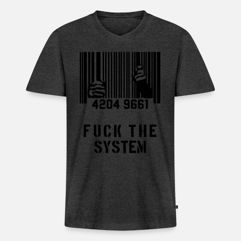 FUCK THE SYSTEM Barcode Gefaengnis - Männer Premium Bio T-Shirt mit V-Ausschnitt - Anthrazit meliert