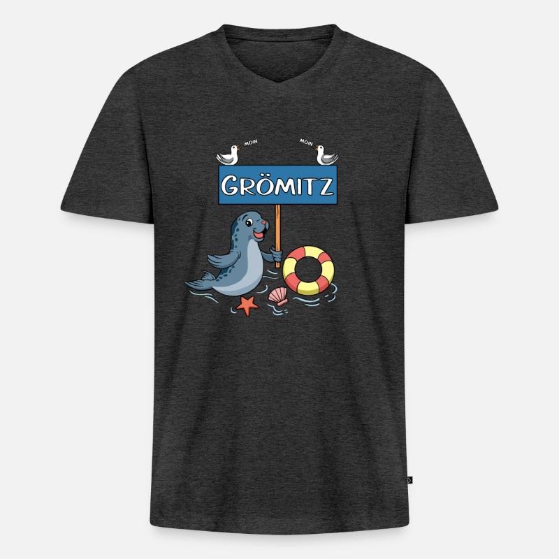 Moin Moin - Seebad Grömitz - Männer Premium Bio T-Shirt mit V-Ausschnitt - Anthrazit meliert