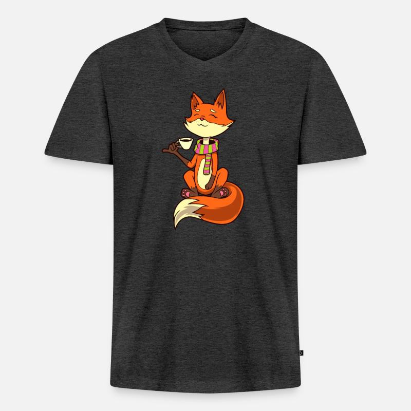 Fuchs trinkt Kaffee - Kaffeetrinker - Männer Premium Bio T-Shirt mit V-Ausschnitt - Anthrazit meliert