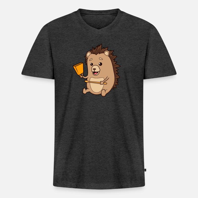 Comic Igel spielt Kuhglocken - Männer Premium Bio T-Shirt mit V-Ausschnitt - Anthrazit meliert