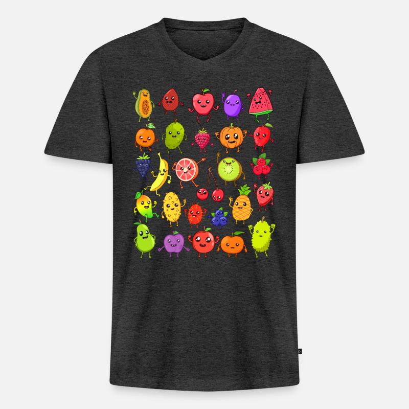 Comic Kawaii Früchte - Männer Premium Bio T-Shirt mit V-Ausschnitt - Anthrazit meliert