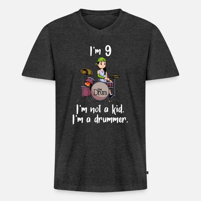 Ich bin 9 - Mädchen Schlagzeuger - Männer Premium Bio T-Shirt mit V-Ausschnitt - Anthrazit meliert