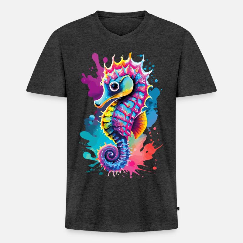 Seepferd Farbenfroh - Hippocampus Seepferdchen - Männer Premium Bio T-Shirt mit V-Ausschnitt - Anthrazit meliert