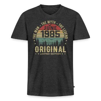 1985 Juni 1985 Geburtstag Juni 1985 Juni Geschenk - Männer Premium Bio T-Shirt mit V-Ausschnitt - Anthrazit meliert - Vorne - Nico (187cm)