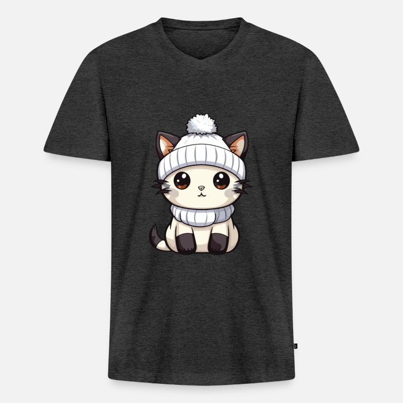 Katze Winter Comic Niedlich - Männer Premium Bio T-Shirt mit V-Ausschnitt - Anthrazit meliert
