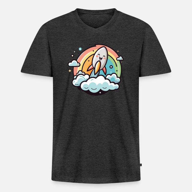 Fröhliche Rakete mit Regenbogen - Männer Premium Bio T-Shirt mit V-Ausschnitt - Anthrazit meliert