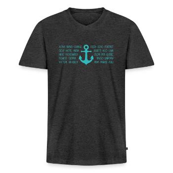 NATO-Alphabet Seefunk mit Anker türkis - Männer Premium Bio T-Shirt mit V-Ausschnitt - Anthrazit meliert - Vorne - Nico (187cm)