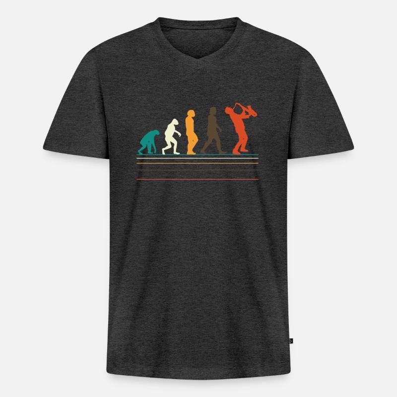 Human Evolution Saxophone - Männer Premium Bio T-Shirt mit V-Ausschnitt - Anthrazit meliert