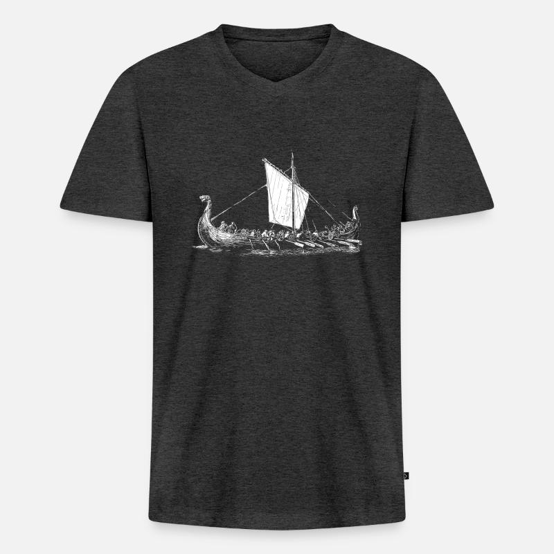 Wikinger Motiv > Wikinger Boot - Langschiff - Männer Premium Bio T-Shirt mit V-Ausschnitt - Anthrazit meliert