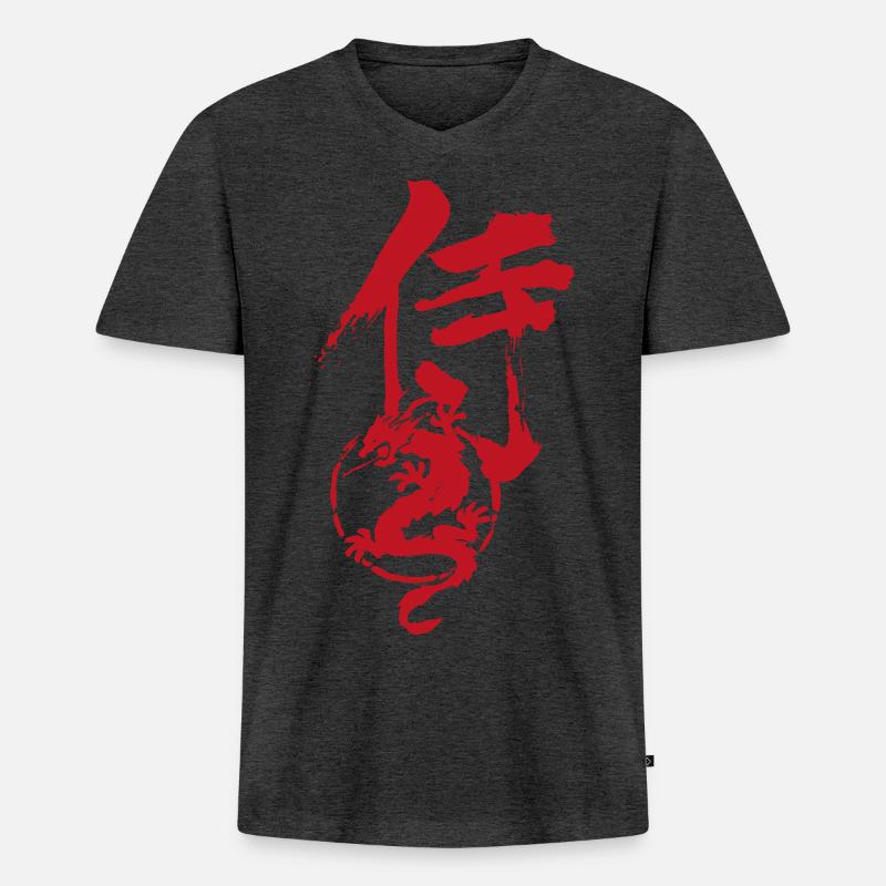 Samurai-Drache - Männer Premium Bio T-Shirt mit V-Ausschnitt - Anthrazit meliert