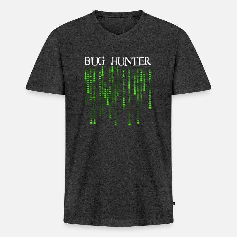 Bug Hunter - Neon Green Source Code Bugs - Männer Premium Bio T-Shirt mit V-Ausschnitt - Anthrazit meliert