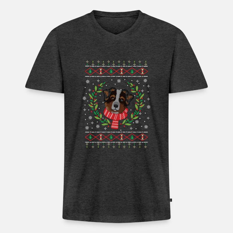 Australian Shepherd hässlicher Weihnachtspullover - Männer Premium Bio T-Shirt mit V-Ausschnitt - Anthrazit meliert