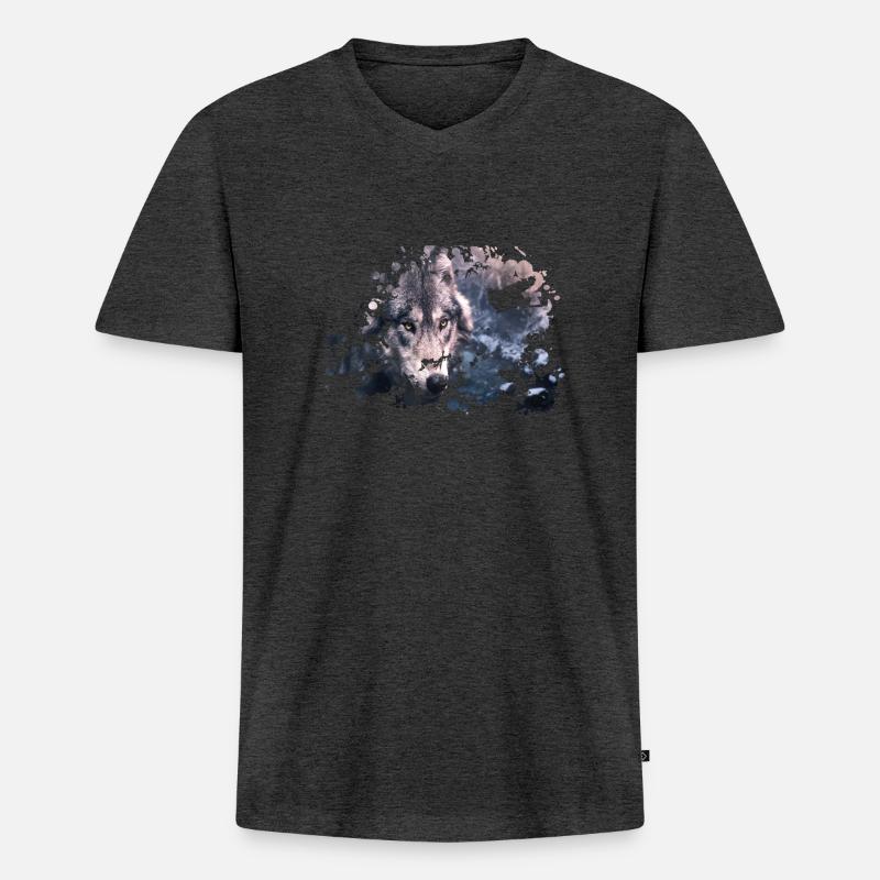 Wolf Farb Splash - Männer Premium Bio T-Shirt mit V-Ausschnitt - Anthrazit meliert
