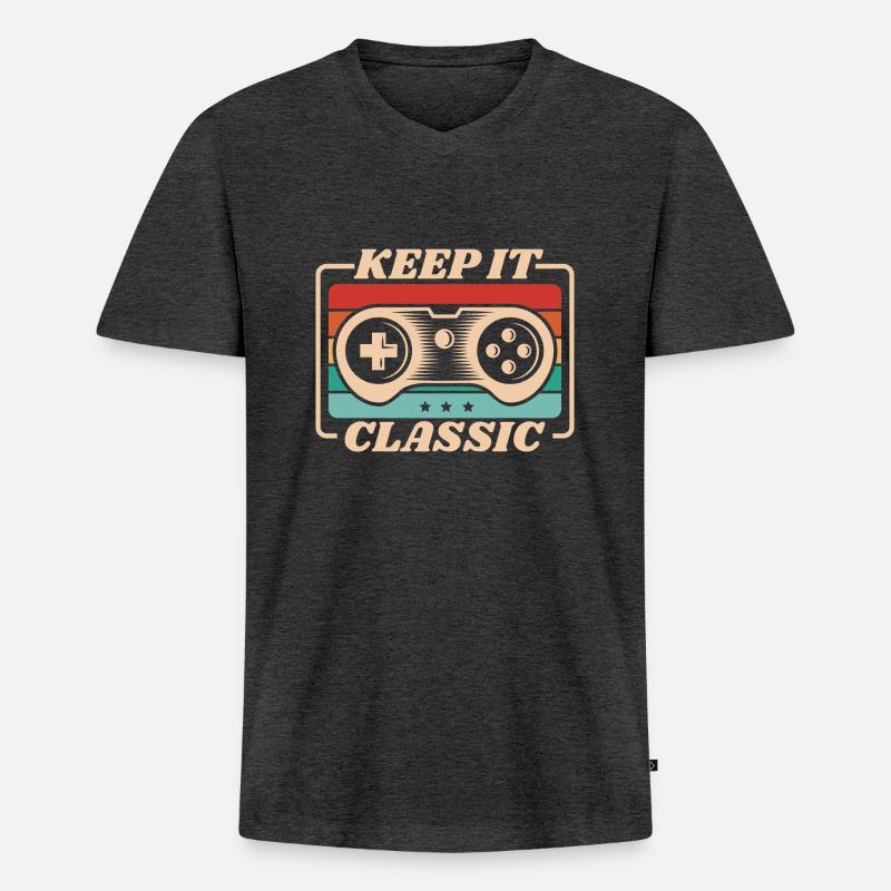 Retro Zocker Sprüche Gaming Geschenk - Männer Premium Bio T-Shirt mit V-Ausschnitt - Anthrazit meliert