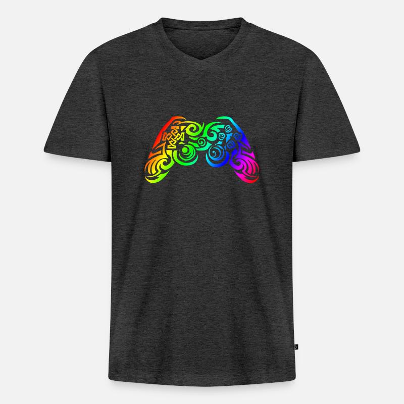 Controller Regenbogen Tribal Tattoo Gaming - Männer Premium Bio T-Shirt mit V-Ausschnitt - Anthrazit meliert