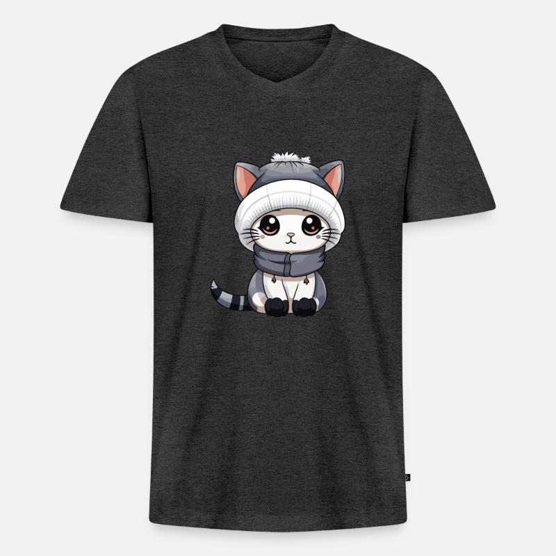 Katze Winter Comic Niedlich - Männer Premium Bio T-Shirt mit V-Ausschnitt - Anthrazit meliert