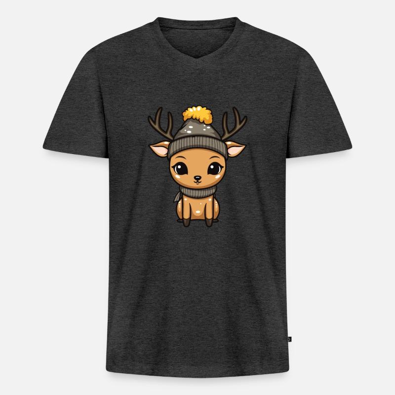 Reh Geweih Winter Comic - Männer Premium Bio T-Shirt mit V-Ausschnitt - Anthrazit meliert