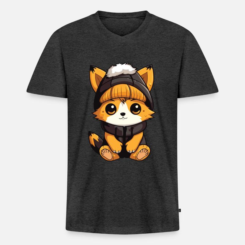 Fuchs Winter Comic Niedlich - Männer Premium Bio T-Shirt mit V-Ausschnitt - Anthrazit meliert