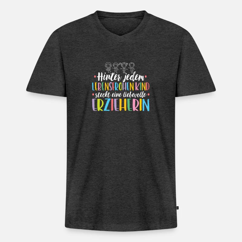 Erzieherin hinter jedem lebensfrohen Kind - Männer Premium Bio T-Shirt mit V-Ausschnitt - Anthrazit meliert
