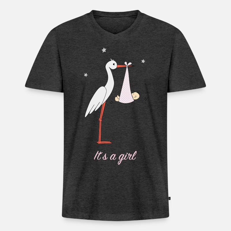 Storch mit Mädchen - Männer Premium Bio T-Shirt mit V-Ausschnitt - Anthrazit meliert