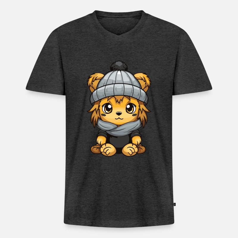 Löwe Winter Comic Niedlich - Männer Premium Bio T-Shirt mit V-Ausschnitt - Anthrazit meliert