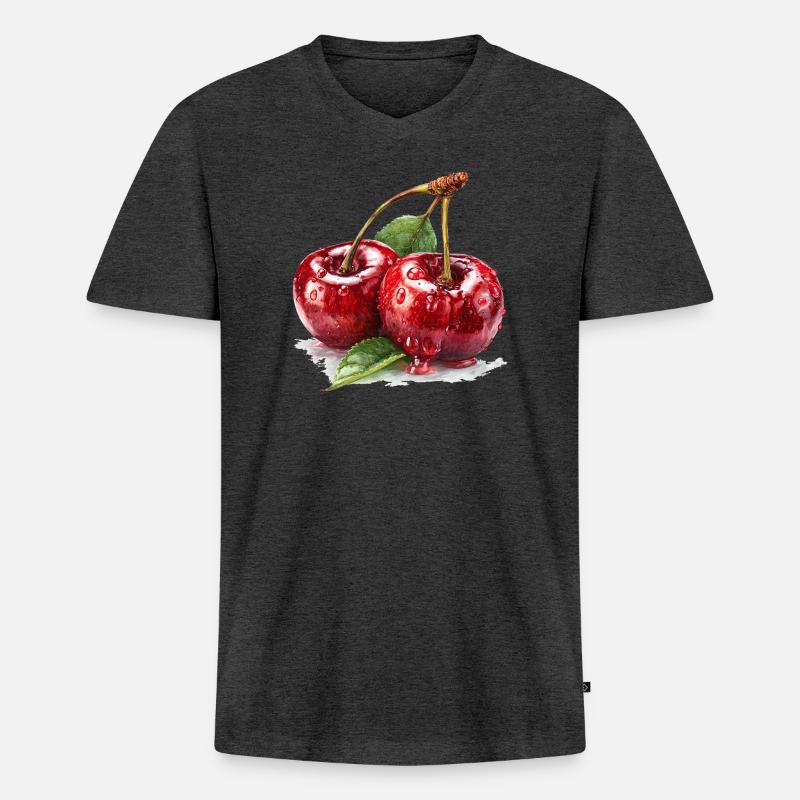 Kirsche - Männer Premium Bio T-Shirt mit V-Ausschnitt - Anthrazit meliert
