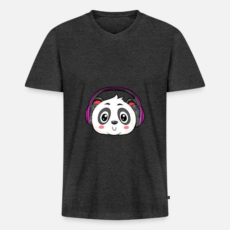 Panda mit Kopfhörer - Männer Premium Bio T-Shirt mit V-Ausschnitt - Anthrazit meliert