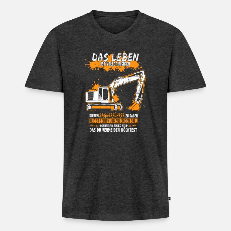 Baggerführer mit Bagger - Männer Premium Bio T-Shirt mit V-Ausschnitt - Anthrazit meliert