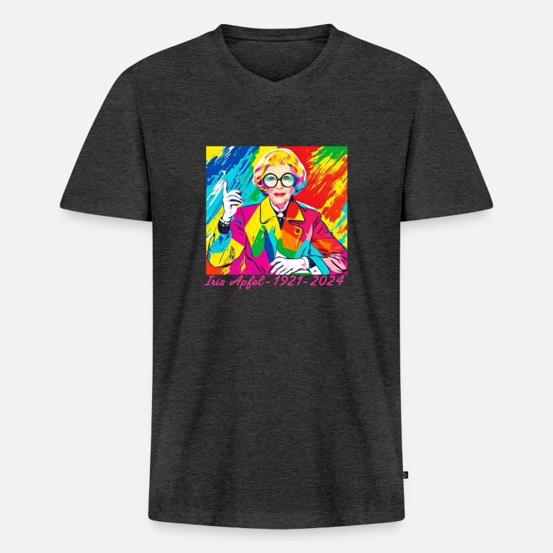 Illustration, bunt, Graffiti, Iris Apfel - Männer Premium Bio T-Shirt mit V-Ausschnitt - Anthrazit meliert