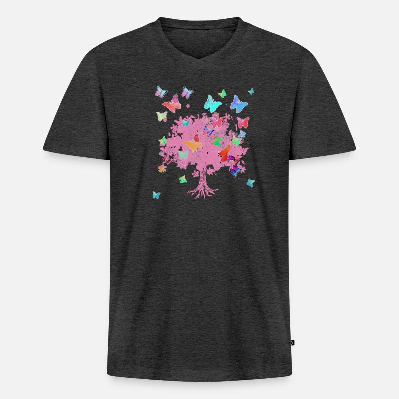Baum des Lebens ,Lebensbaum,blumen,schmetterlinge - Männer Premium Bio T-Shirt mit V-Ausschnitt - Anthrazit meliert
