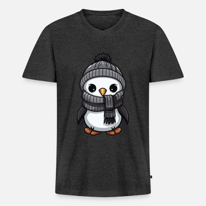 Pinguin Winter Comic Niedlich - Männer Premium Bio T-Shirt mit V-Ausschnitt - Anthrazit meliert